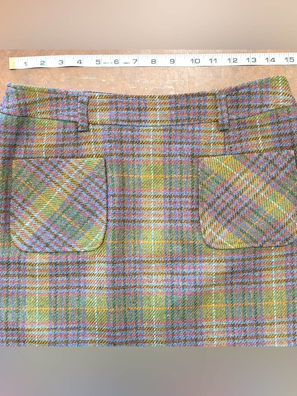 Vintage- 💜 Liz Claiborne- Liz Sport- Pastel Plaid Wool Blend Mini Skirt 💚 - Picture 2 of 9
